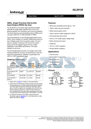 ISL28136 datasheet - 5MHz, Single Precision Rail-to-Rail Input-Output (RRIO) Op Amp