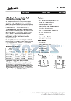 ISL28136 datasheet - 5MHz, Single Precision Rail-to-Rail Input-Output RRIO Op Amp