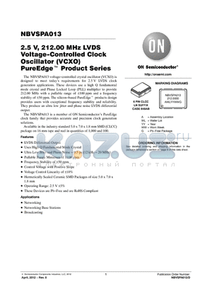 NBVSPA013LN1TAG datasheet - 2.5 V, 212.00 MHz LVDS Voltage-Controlled Clock Oscillator (VCXO) PureEdge Product Series