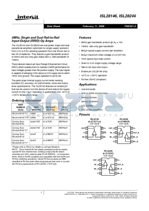 ISL28146 datasheet - 5MHz, Single and Dual Rail-to-Rail Input-Output (RRIO) Op Amps