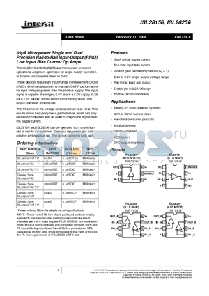 ISL28156FHZ-T7 datasheet - 39lA Micropower Single and Dual Precision Rail-to-Rail Input-Output (RRIO) Low Input Bias Current Op Amps