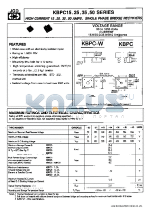 KBPC3504 datasheet - HIGH CURRENT 15,25,35,50 AMPS . SINGLE PHASE BRIDGE RECTIFIERS