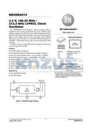 NBXDBA012 datasheet - 3.3 V, 106.25 MHz 212.5 MHz LVPECL Clock Oscillator