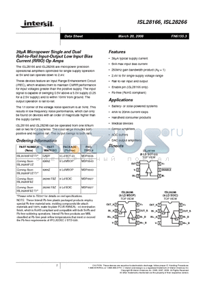 ISL28166 datasheet - 39lA Micropower Single and Dual Rail-to-Rail Input-Output Low Input Bias Current (RRIO) Op Amps