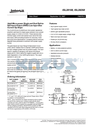 ISL28168FHZ-T7 datasheet - 34lA Micro-power Single and Dual Rail-to-Rail Input-Output (RRIO) Low Input Bias Current Op Amps