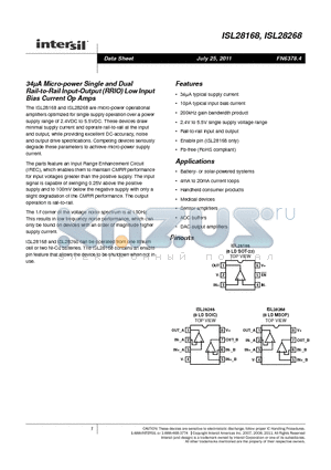ISL28168FHZ-T7 datasheet - Low Input Bias Current Op Amps