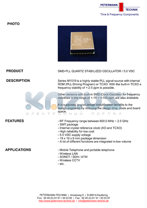 M1519-T25K datasheet - SMD-PLL QUARTZ STABILIZED OSCILLATOR / 5.0 VDC