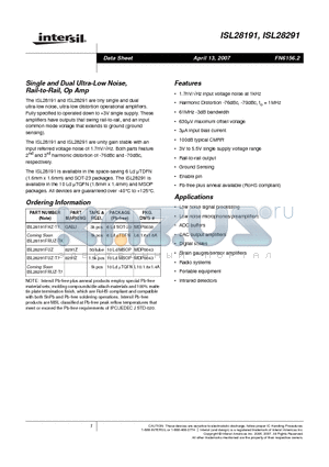 ISL28191FRUZ-TK datasheet - Single and Dual Ultra-Low Noise, Rail-to-Rail, Op Amp