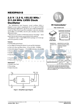 NBXDPA018LN1TAG datasheet - 2.5 V / 3.3 V, 155.52 MHz / 311.04MHz LVDS Clock Oscillator