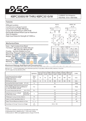 KBPC3508 datasheet - CURRENT 35.0 Amperes VOLTAGE 50 to 1000 Volts