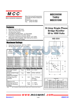 MB3505W datasheet - 35 Amp Single Phase Bridge Rectifier 50 to 1000 Volts