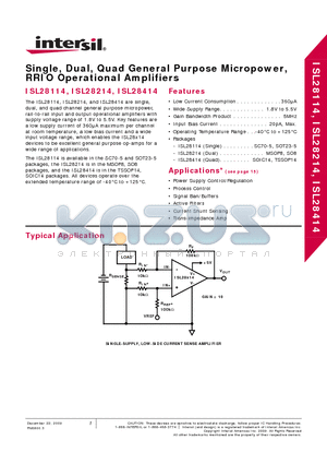 ISL28214FUZ-T7 datasheet - Single, Dual, Quad General Purpose Micropower, RRIO Operational Amplifiers