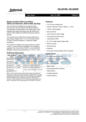 ISL28190 datasheet - Single and Dual Ultra-Low Noise, Ultra-Low Distortion, Rail-to-Rail, Op Amp