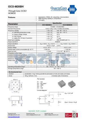 OCO-M20BH datasheet - Through hole OCXO Applications: CDMA, 3G, networking, instrumentation