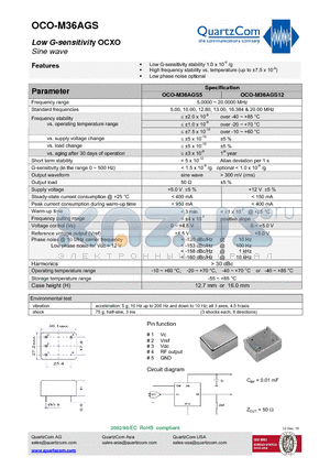 OCO-M36AGS12 datasheet - Low G-sensitivity OCXO Sine wave Low phase noise optional