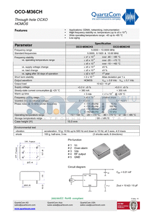 OCO-M36CH datasheet - Through hole OCXO HCMOS Wide operating temperature range: -40 up to 85 `C