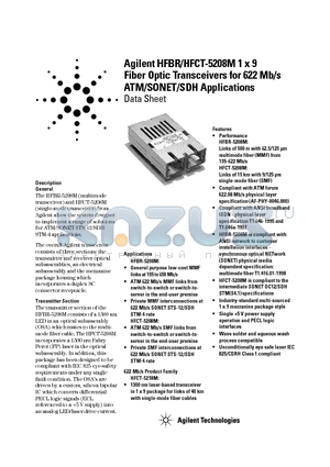 HFCT-5208EM datasheet - Agilent HFBR/HFCT-5208M 1 x 9 Fiber Optic Transceivers for 622 Mb/s ATM/SONET/SDH Applications