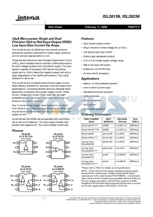 ISL28258 datasheet - 34lA Micro-power Single and Dual Precision Rail-to-Rail Input-Output (RRIO) Low Input Bias Current Op Amps