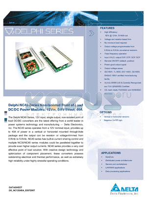 NC12S0A0H40NRFA datasheet - Delphi NC40 Series Non-Isolated Point of Load DC/DC Power Modules: 12Vin, 0.9V-5Vout, 40A