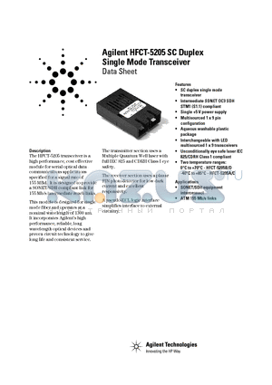 HFCT-5205D datasheet - SC Duplex Single Mode Transceiver