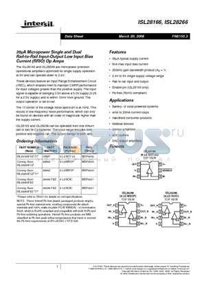 ISL28266FUZ-T7 datasheet - 39lA Micropower Single and Dual Rail-to-Rail Input-Output Low Input Bias Current (RRIO) Op Amps