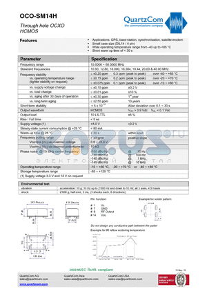 OCO-SM14H datasheet - Through hole OCXO Wide operating temperature range from -40 up to 85 `C