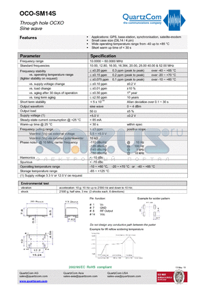 OCO-SM14S datasheet - Through hole OCXO Wide operating temperature range from -40 up to 85 `C