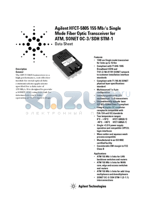 HFCT-5805 datasheet - 155 Mb/s Single Mode Fiber Optic Transceiver for ATM, SONET OC-3/SDH STM-1