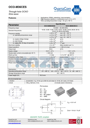 OCO-M36CES5 datasheet - Through hole OCXO Sine wave High frequency stability vs. temperature (up to a7.5 x 10-9)
