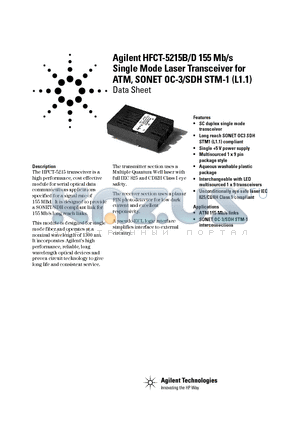 HFCT-5215B datasheet - Agilent HFCT-5215B/D 155 Mb/s Single Mode Laser Transceiver for ATM, SONET OC-3/SDH STM-1 (L1.1)