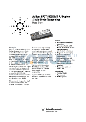 HFCT-5903E datasheet - MT-RJ Duplex Single Mode Transceiver