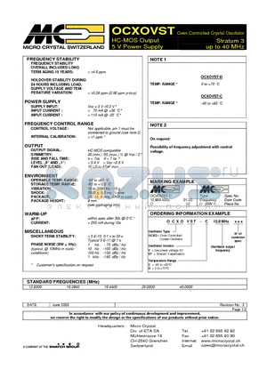 OCXOVST datasheet - Oven Controlled Crystal Oscillator