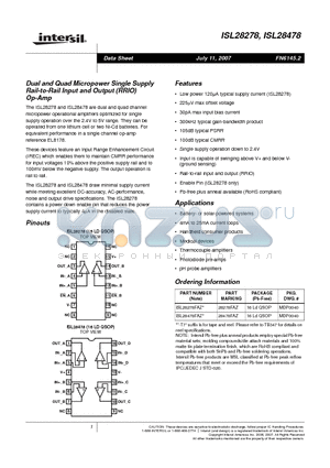 ISL28278FAZ datasheet - Dual and Quad Micropower Single Supply Rail-to-Rail Input and Output (RRIO) Op-Amp