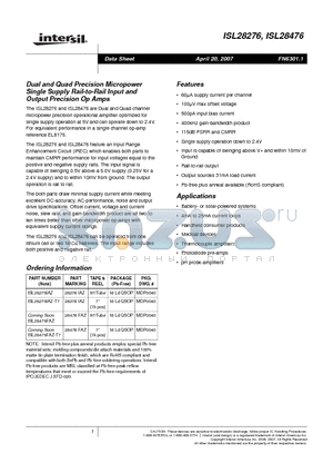 ISL28276 datasheet - Dual and Quad Precision Micropower Single Supply Rail-to-Rail Input and Output Precision Op Amps