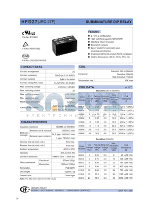 HFD27/03-H datasheet - SUBMINIATURE DIP RELAY