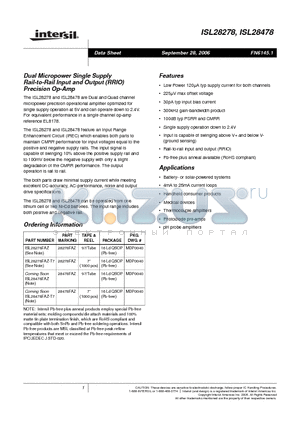 ISL28278 datasheet - Dual Micropower Single Supply Rail-to-Rail Input and Output (RRIO) Precision Op-Amp