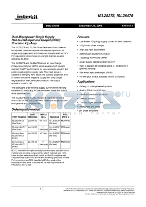 ISL28278FAZ datasheet - Dual Micropower Single Supply Rail-to-Rail Input and Output (RRIO) Precision Op-Amp