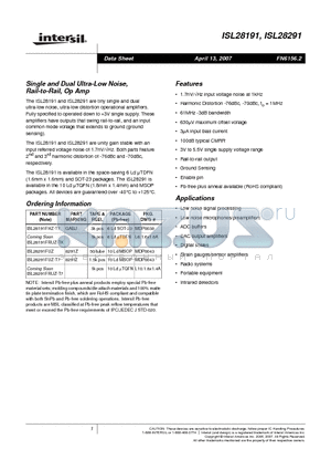 ISL28291 datasheet - Single and Dual Ultra-Low Noise, Rail-to-Rail, Op Amp