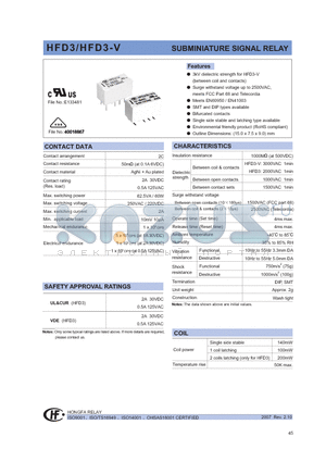 HFD3-V datasheet - SUBMINIATURE SIGNAL RELAY