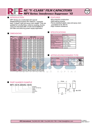MPY103K250VAC150B datasheet - AC Y -CLASS FILM CAPACITORS MPY Series: Interference Suppressor Y2