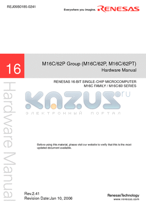 M16C62PT datasheet - 16-BIT SINGLE-CHIP MICROCOMPUTER M16C FAMILY / M16C/60 SERIES