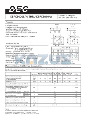 KBPC50005W datasheet - CURRENT 50.0 Amperes VOLTAGE 50 to 1000 Volts