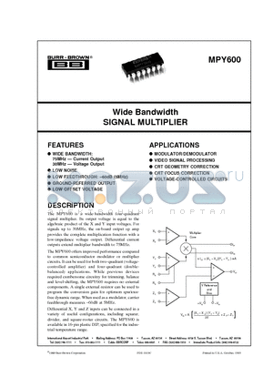 MPY600 datasheet - Wide Bandwidth SIGNAL MULTIPLIER