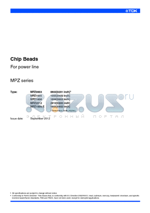 MPZ1608S102A datasheet - Chip Beads For power line