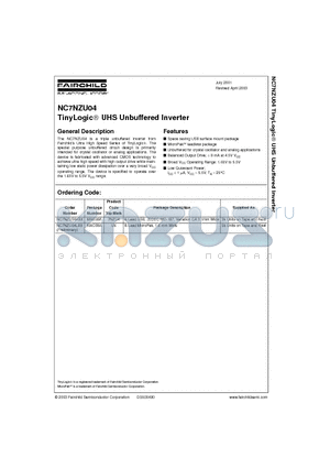 NC7NZU04K8X datasheet - TinyLogic UHS Unbuffered Inverter