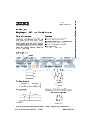 NC7NZU04K8X datasheet - TinyLogic UHS Unbuffered Inverter