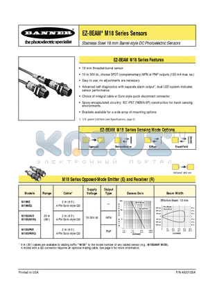 M18SN6DQ datasheet - Stainless Steel 18 mm Barrel-style DC Photoelectric Sensors