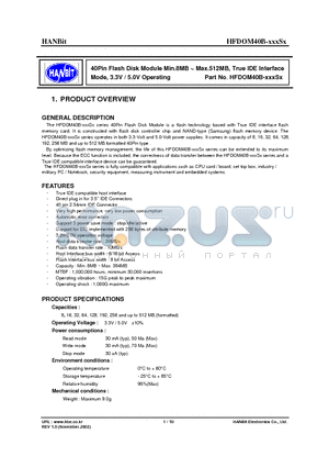 HFDOM40B-192S3 datasheet - 40Pin Flash Disk Module Min.8MB ~ Max.512MB, True IDE Interface Mode, 3.3V / 5.0V Operating