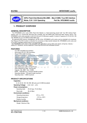 HFDOM40C-016S1 datasheet - 40Pin Flash Disk Module Min.8MB ~ Max.512MB, True IDE Interface Mode, 3.3V / 5.0V Operating