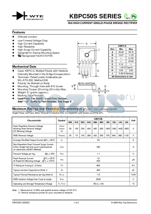 KBPC5002S datasheet - 50A HIGH CURRENT SINGLE-PHASE BRIDGE RECTIFIER